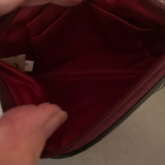 COACH wristlet / mini bag, black plaid vinyl, maroon leather strap and lettering - Picture 5 of 8